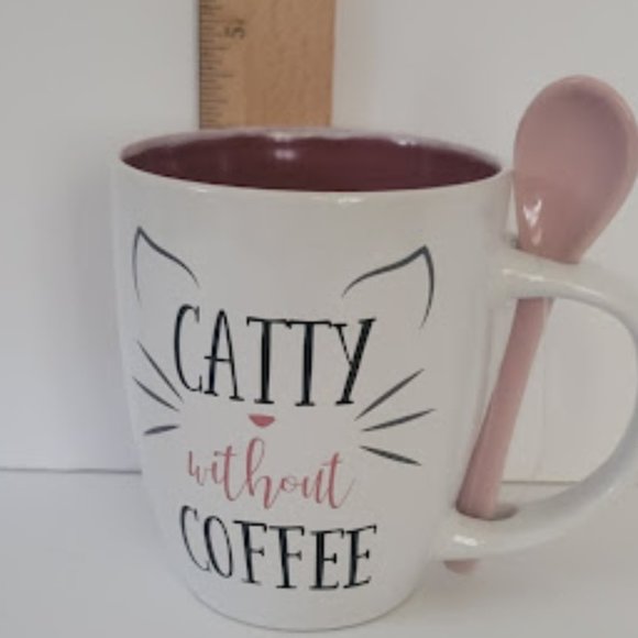"Catty without Coffee" Whimsical Coffee Mug Teacup with Spoon - Picture 2 of 3